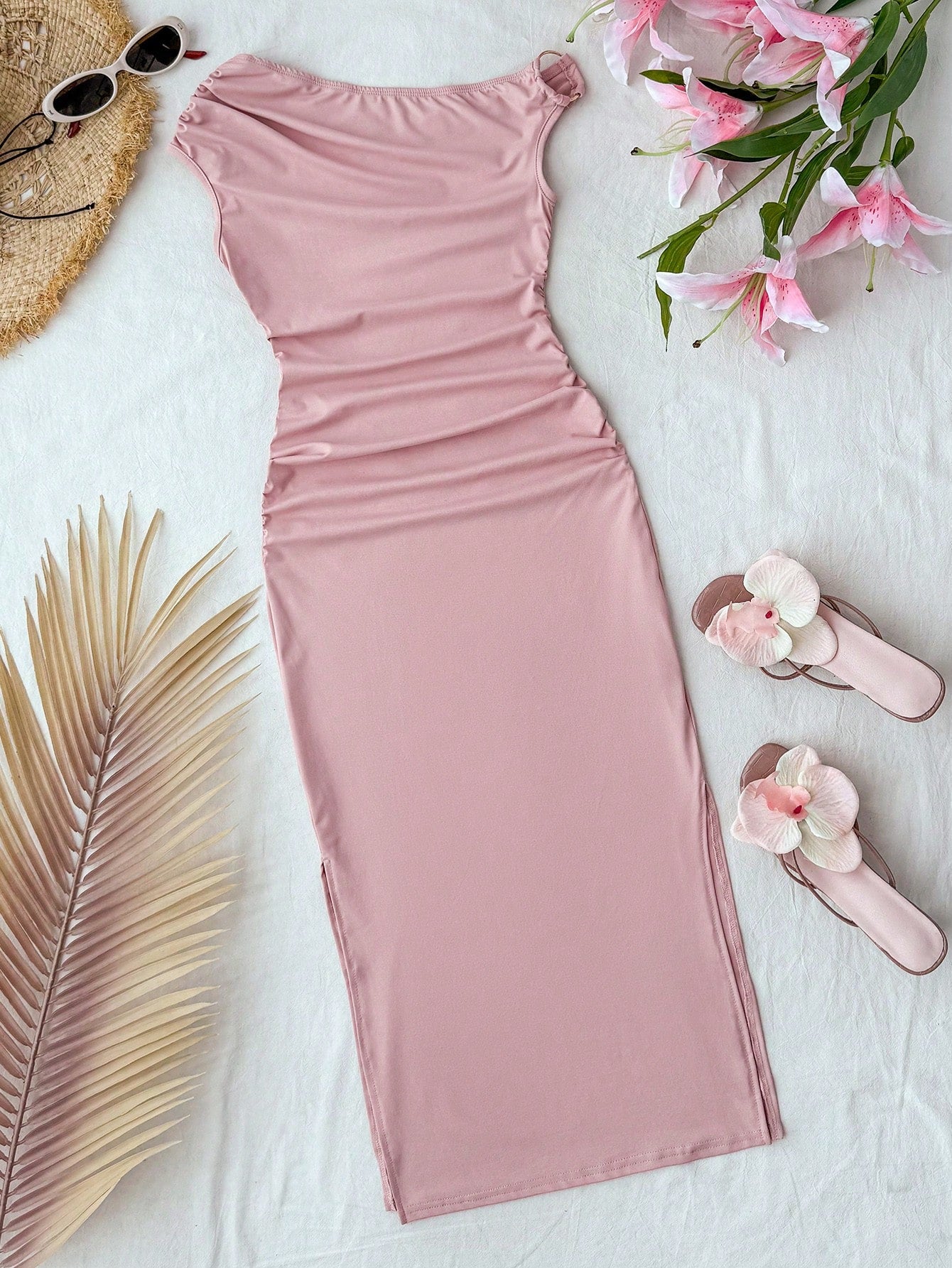 Tween girls sleeveless bodycon dress with asymmetrical neckline, ruched slim fit design, split detail, and long pencil hem in a plain everyday casual style.
