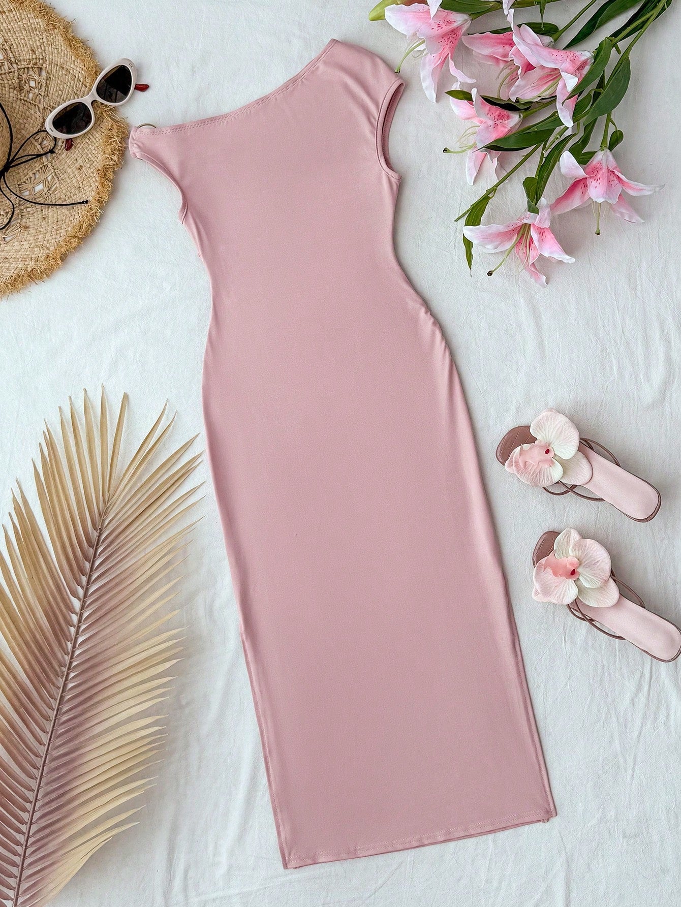 Tween girls sleeveless bodycon dress with asymmetrical neckline, ruched slim fit design, split detail, and long pencil hem in a plain everyday casual style.
