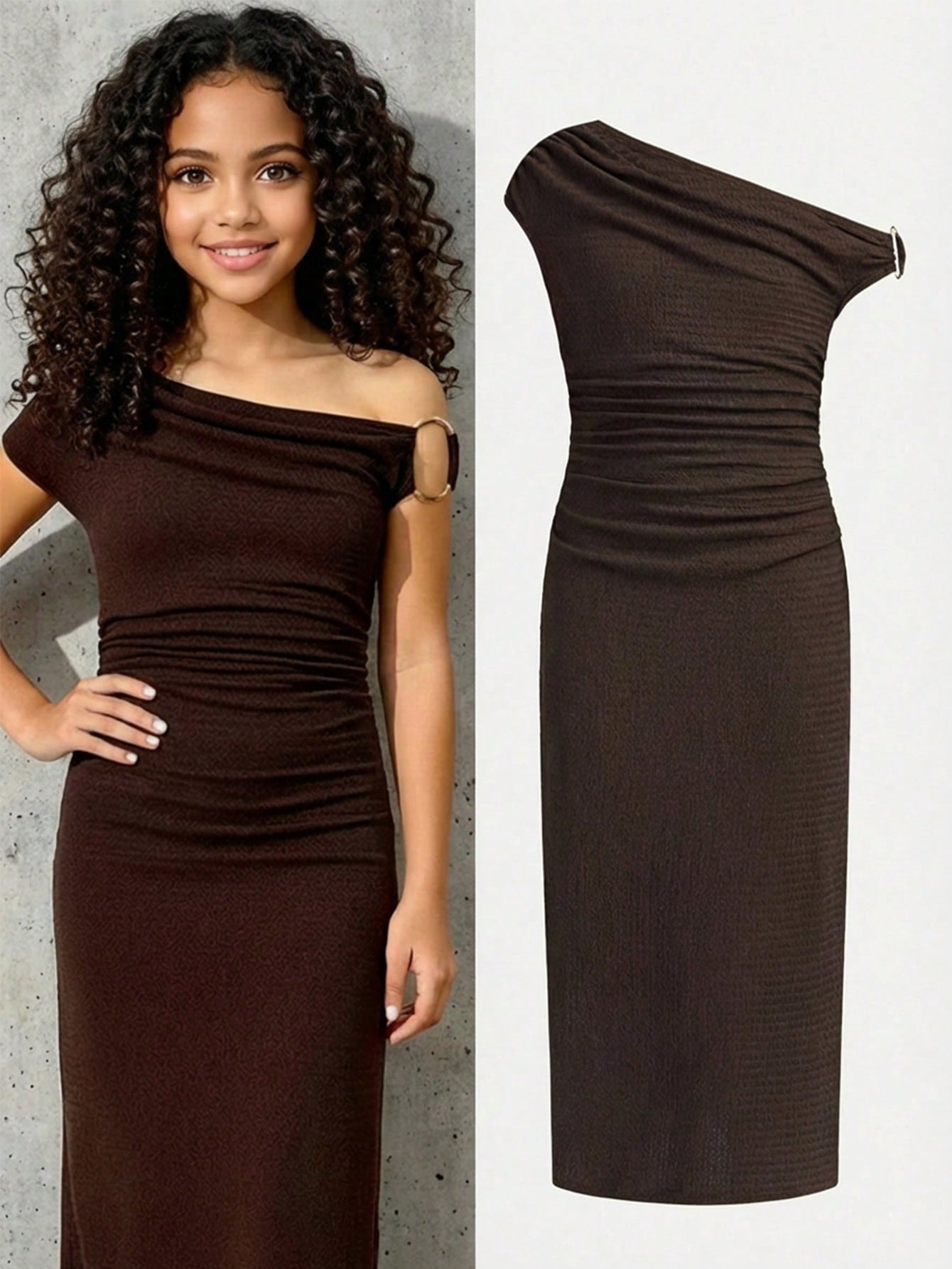 Tween girls sleeveless bodycon dress with asymmetrical neckline, ruched slim fit design, split detail, and long pencil hem in a plain everyday casual style.