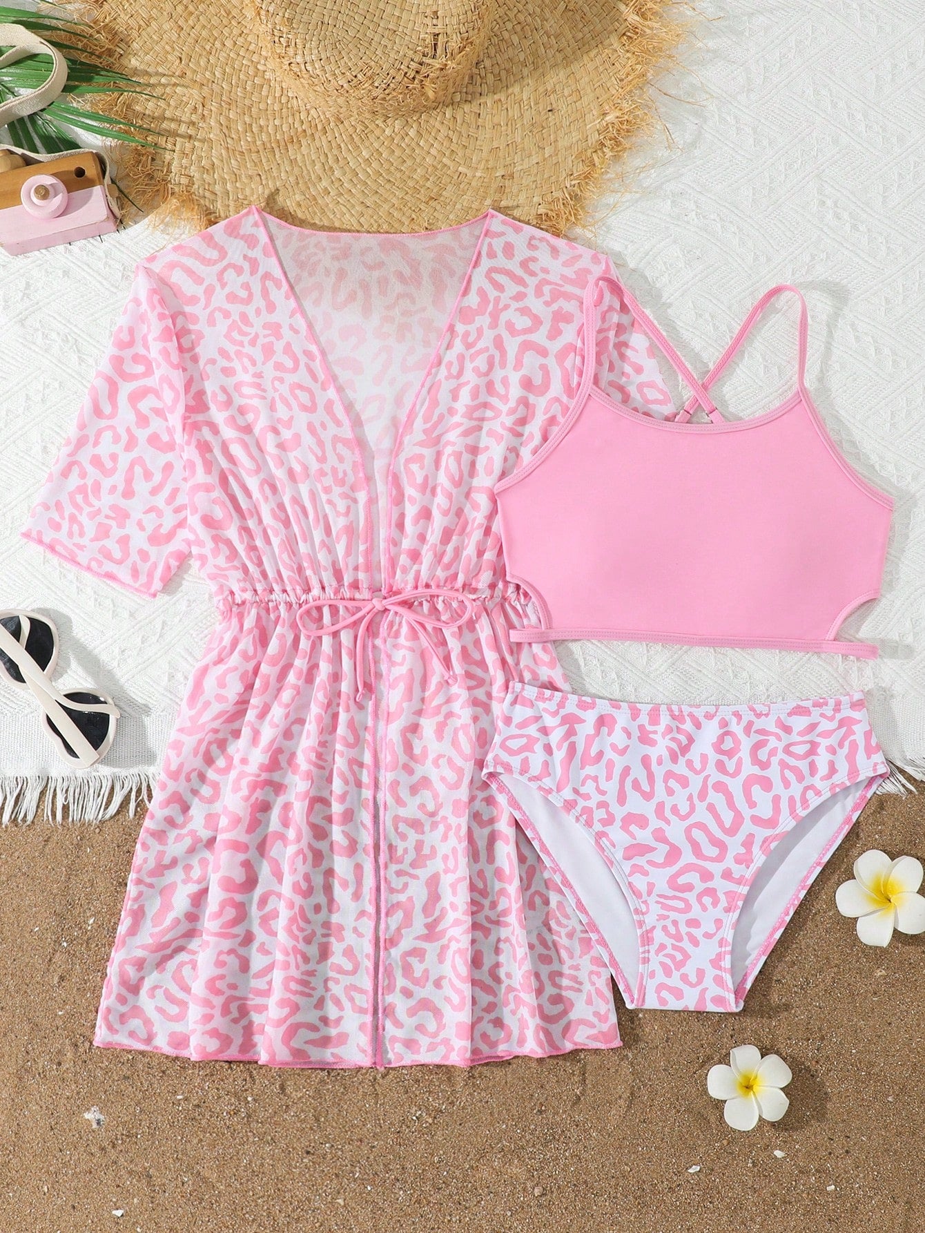 Tween girls 3-piece striped swimwear set featuring a tankini top, mid-waist bikini bottoms with a drawstring waist, and a matching kimono cover-up for beach or vacation wear.