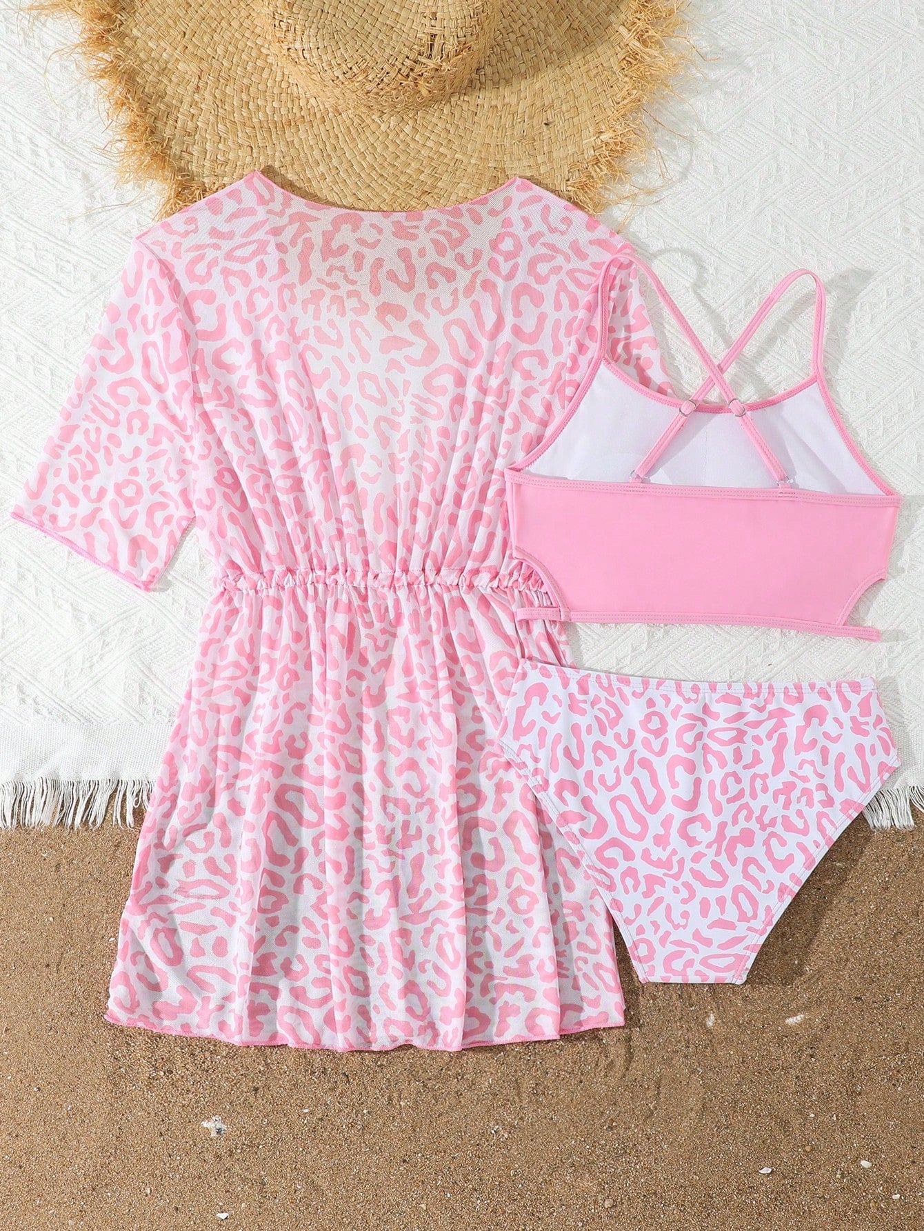 Tween girls 3-piece striped swimwear set featuring a tankini top, mid-waist bikini bottoms with a drawstring waist, and a matching kimono cover-up for beach or vacation wear.