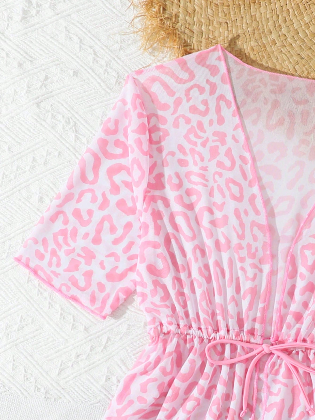 Tween girls 3-piece striped swimwear set featuring a tankini top, mid-waist bikini bottoms with a drawstring waist, and a matching kimono cover-up for beach or vacation wear.