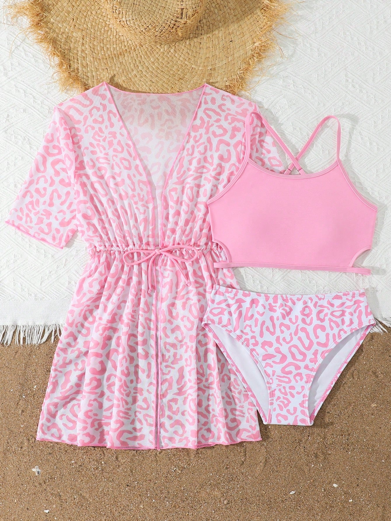 Tween girls 3-piece striped swimwear set featuring a tankini top, mid-waist bikini bottoms with a drawstring waist, and a matching kimono cover-up for beach or vacation wear.