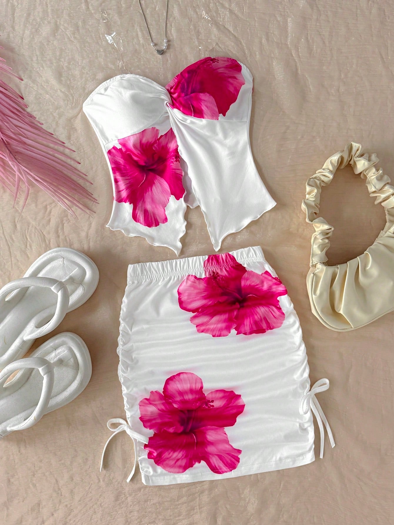 Tween girls apricot two-piece set featuring a spaghetti strap tank top and skirt with ruched lettuce trim.