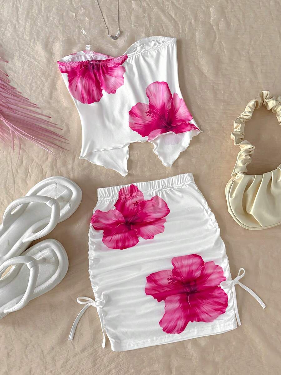 Tween girls apricot two-piece set featuring a spaghetti strap tank top and skirt with ruched lettuce trim.