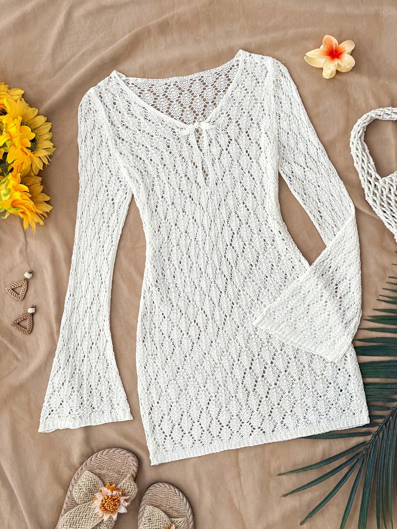 Tween girls semi-sheer white cover-up dress with V-neckline, long sleeves, contrast lace details, and zipper accent for beachwear layering.