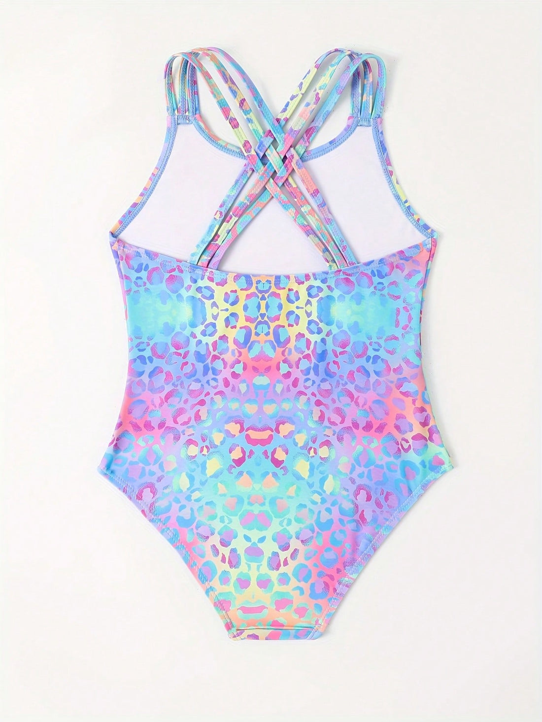 Girls' multicolor ombre leopard print one-piece swimsuit with scoop neck, ruffle detail, and criss-cross back design for summer pool wear.