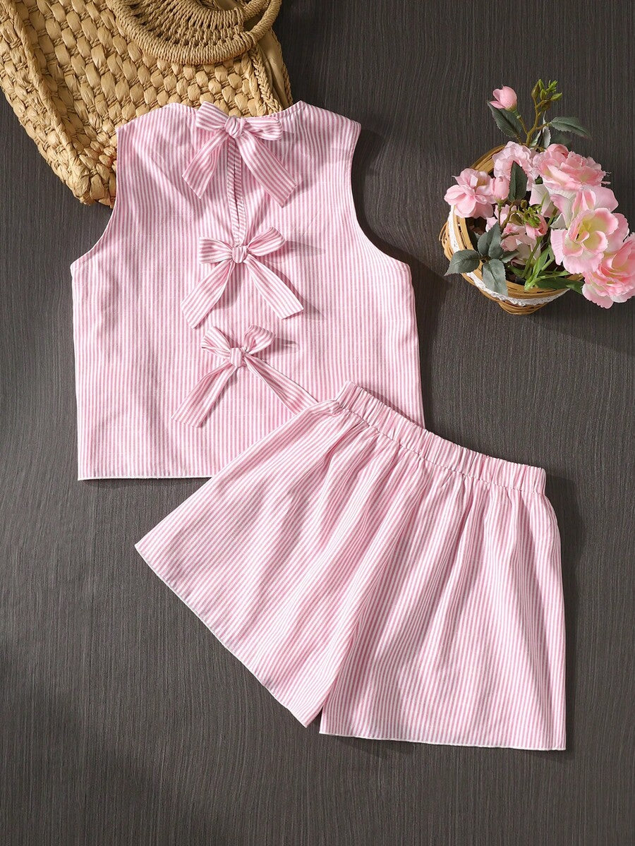 Tween girls casual blue tank top featuring round neck, textured fabric, and bow detail paired with matching shorts set.