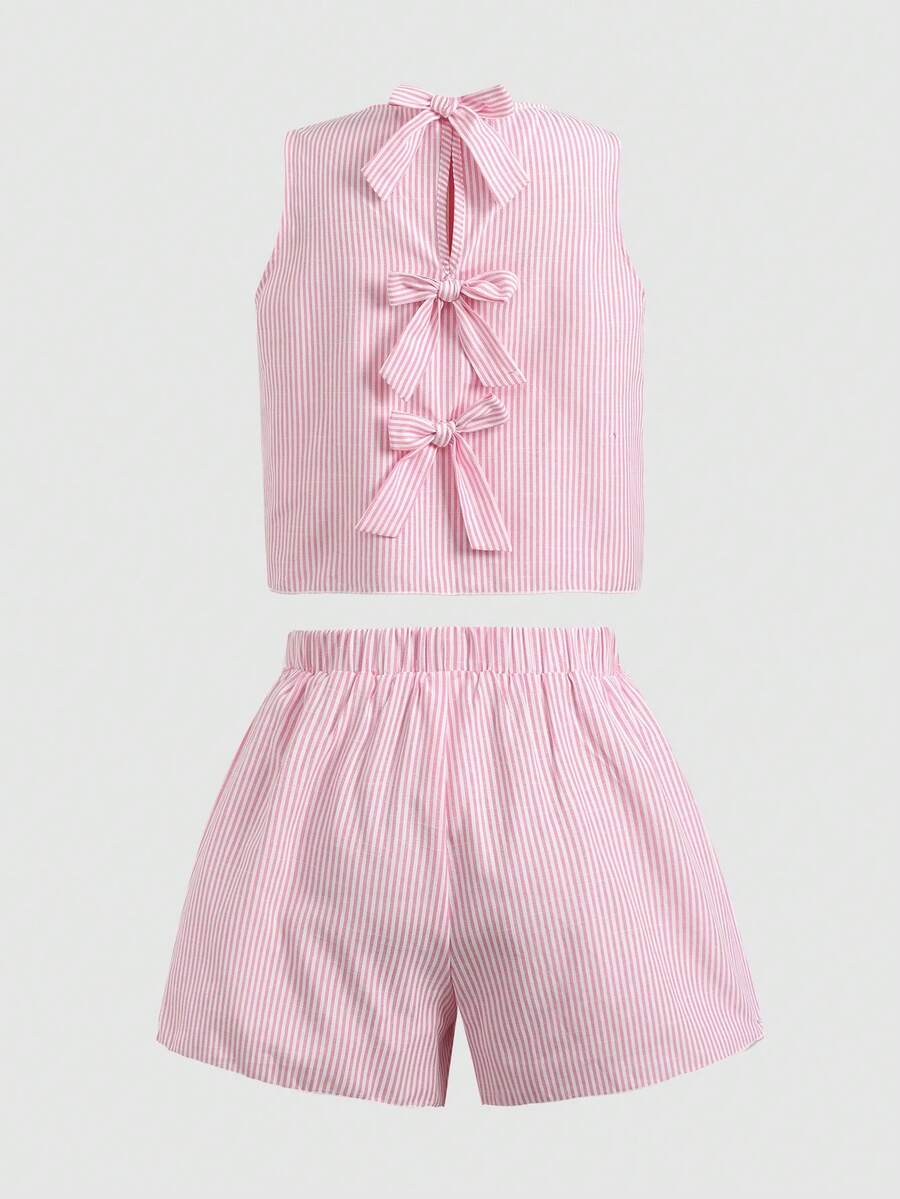 Tween girls casual blue tank top featuring round neck, textured fabric, and bow detail paired with matching shorts set.