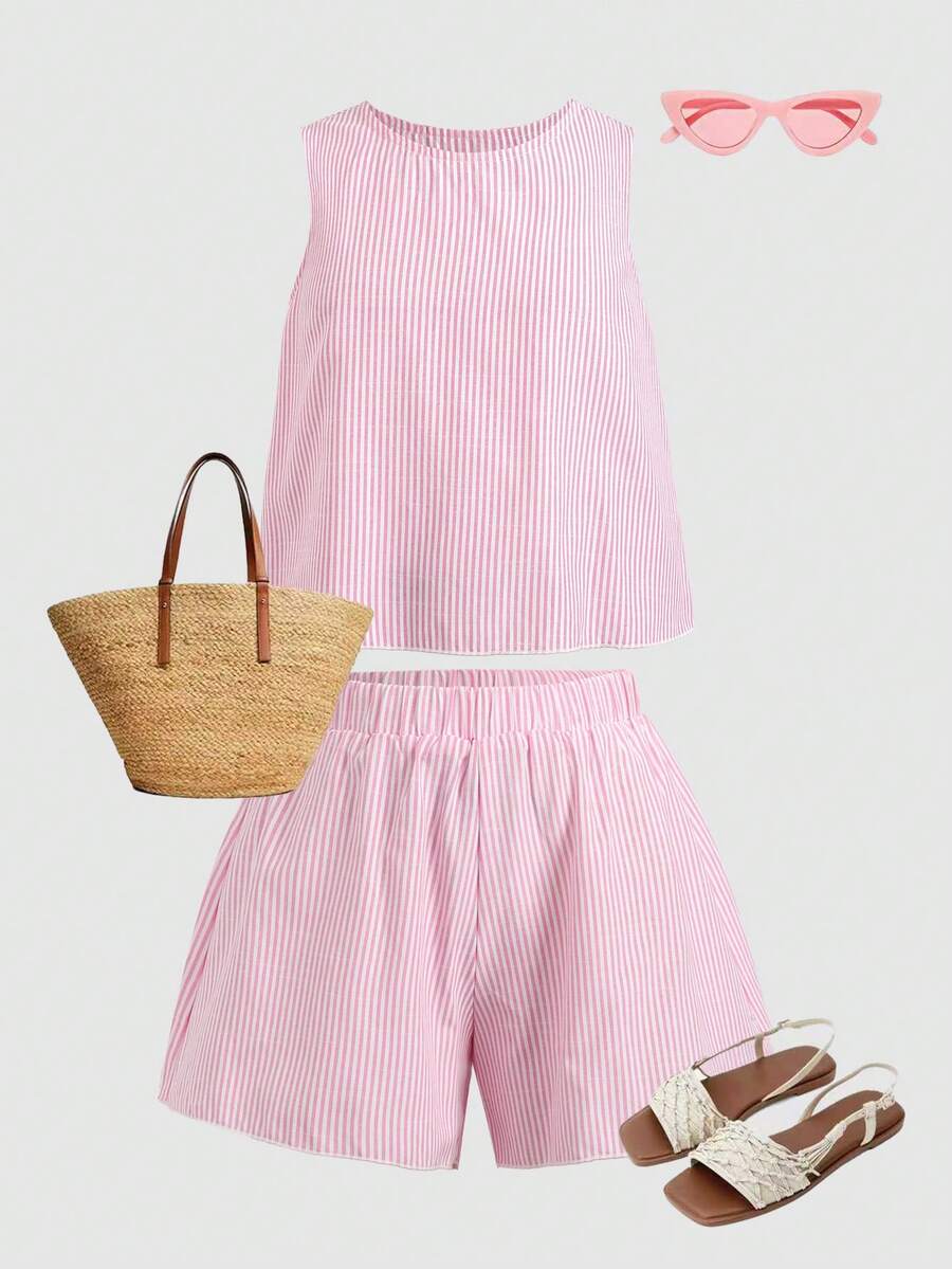 Tween girls casual blue tank top featuring round neck, textured fabric, and bow detail paired with matching shorts set.