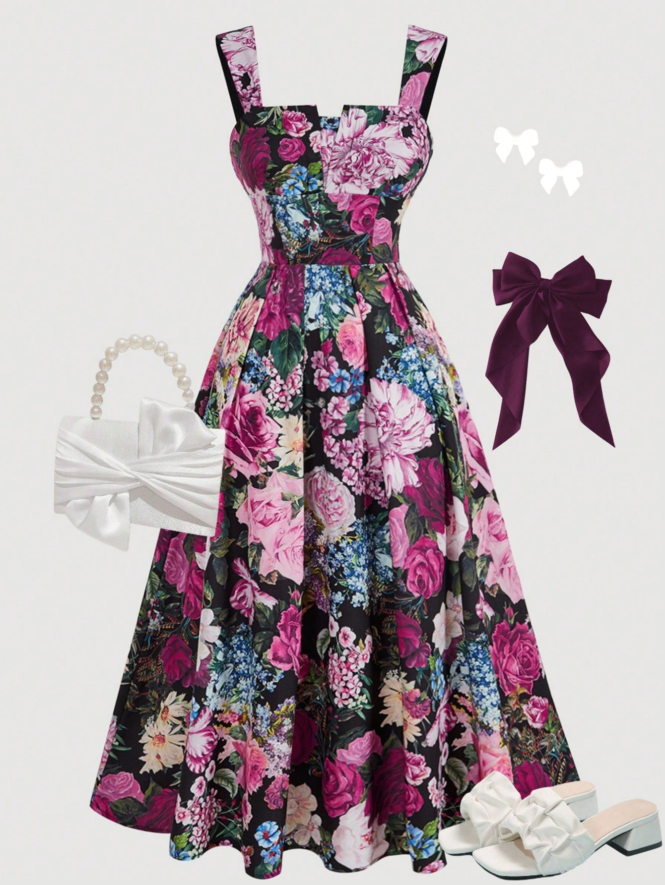 Tween girl apricot floral print midi dress with ruffle shoulder straps, shirred detail, and high waist A-line fit.