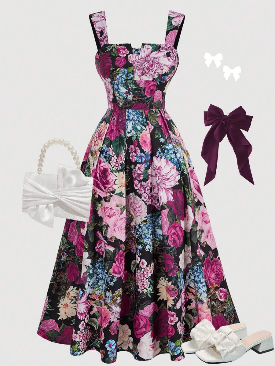 Tween girl apricot floral print midi dress with ruffle shoulder straps, shirred detail, and high waist A-line fit.