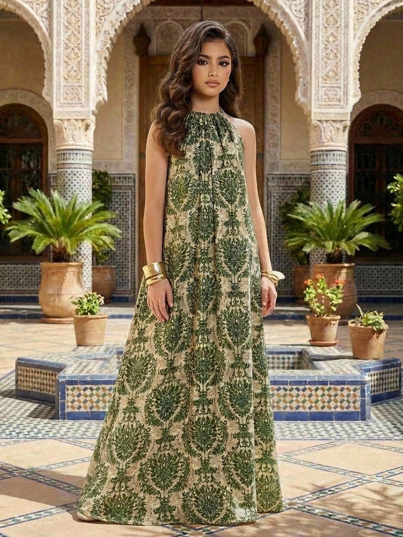 Tween girls green floral print cami dress with halter neckline, sleeveless cut, zipper detail, flared hem, and long vacation style silhouette.