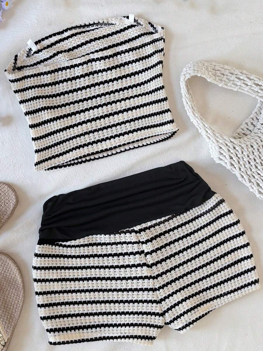 Black striped rib-knit halter tank top with lettuce trim and matching casual shorts for tween girls.
