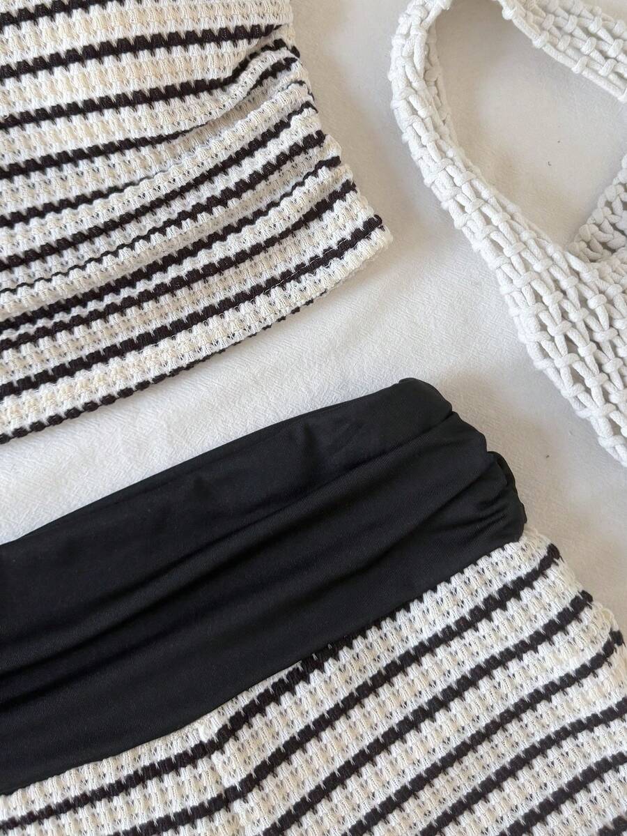 Black striped rib-knit halter tank top with lettuce trim and matching casual shorts for tween girls.