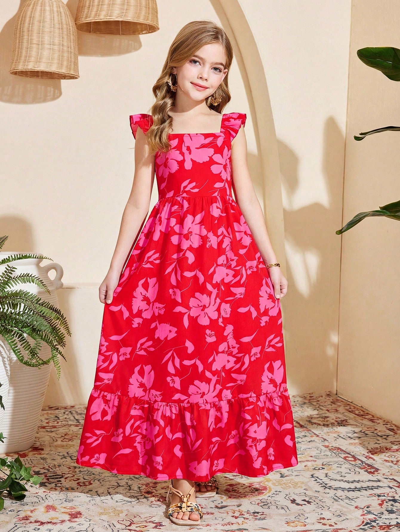 Tween girl multicolor floral vacation dress with square neck, ruffle details, shirred bodice, sleeveless A-line shape, high waist, and flounce hem.