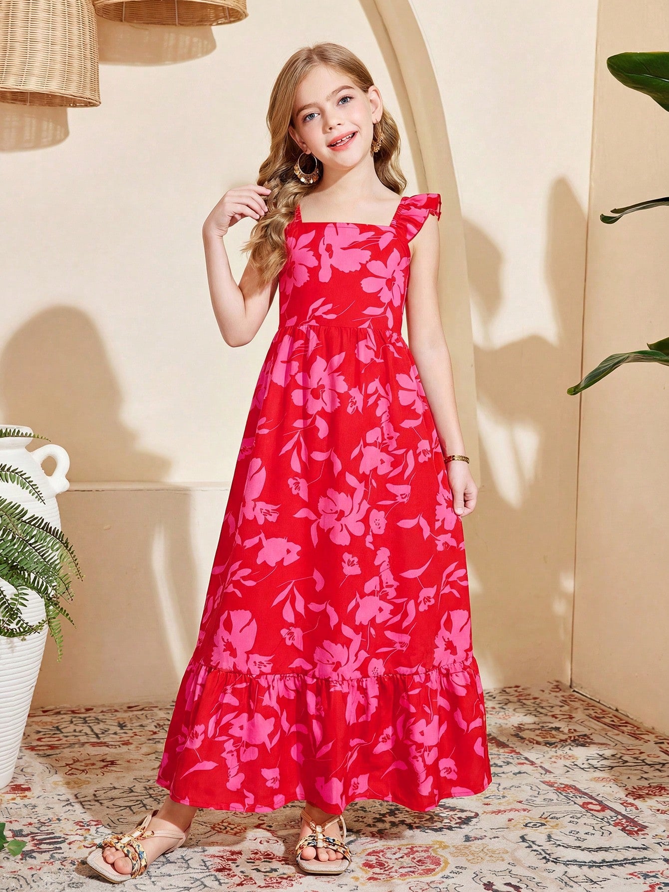 Tween girl multicolor floral vacation dress with square neck, ruffle details, shirred bodice, sleeveless A-line shape, high waist, and flounce hem.
