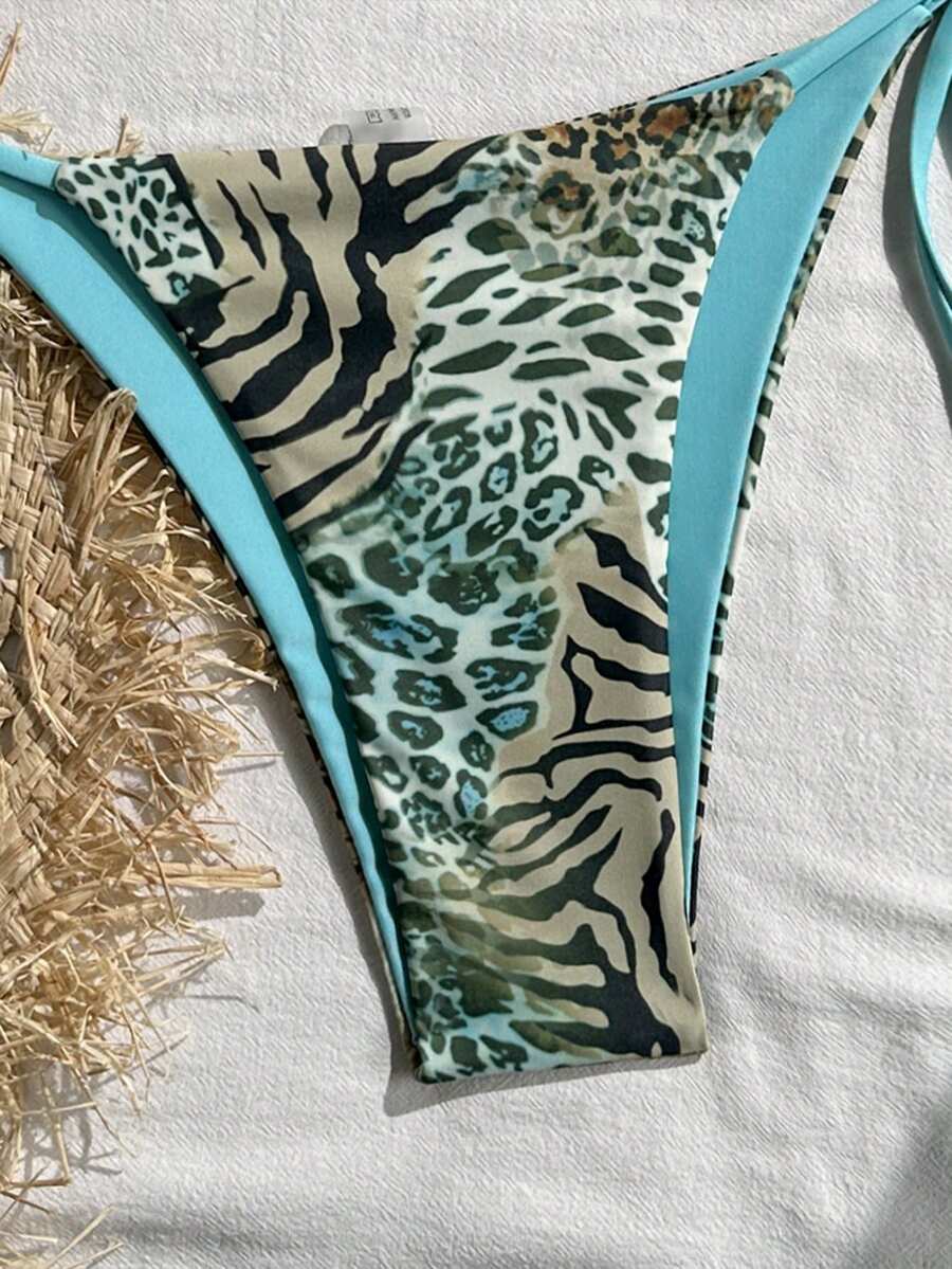 Women's vintage leopard print 2-piece bikini set featuring a high waist tie-side bottom and a halter neck triangle top.