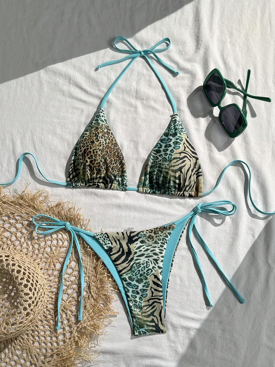 Women's vintage leopard print 2-piece bikini set featuring a high waist tie-side bottom and a halter neck triangle top.