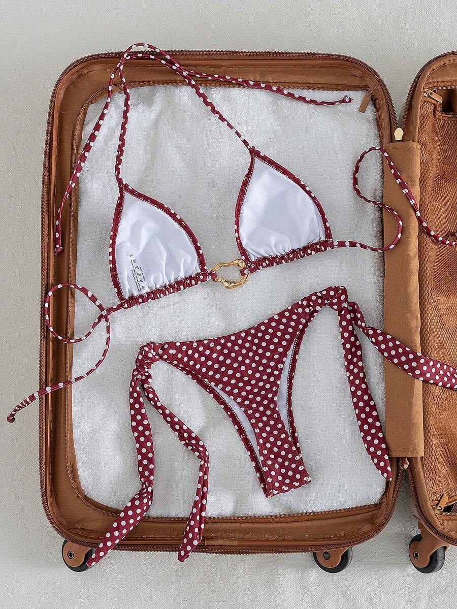 Red halter tie-side bikini set for women featuring a geometric plaid pattern, high-waisted bottoms, wireless triangle cups, and removable padding.
