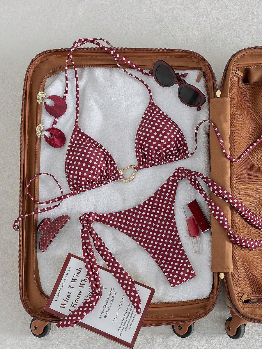 Red halter tie-side bikini set for women featuring a geometric plaid pattern, high-waisted bottoms, wireless triangle cups, and removable padding.
