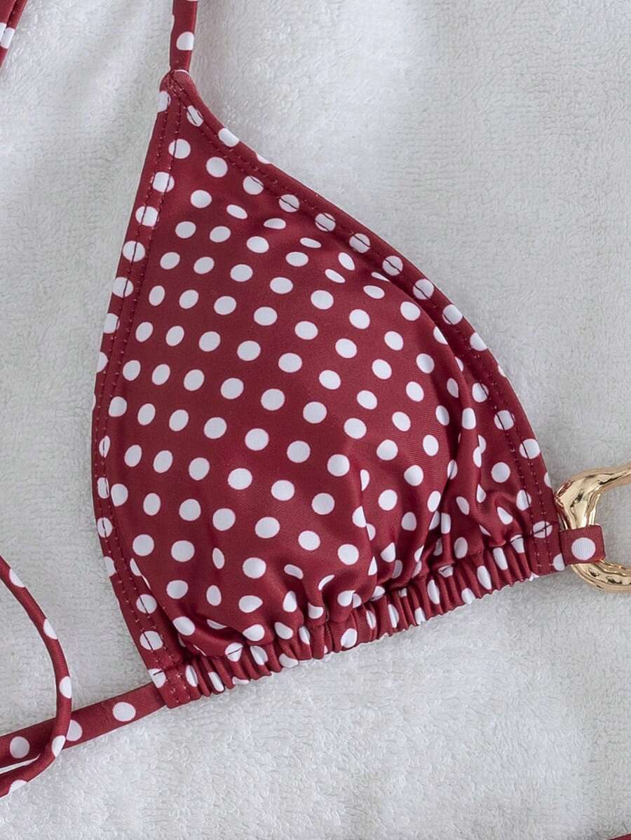 Red halter tie-side bikini set for women featuring a geometric plaid pattern, high-waisted bottoms, wireless triangle cups, and removable padding.