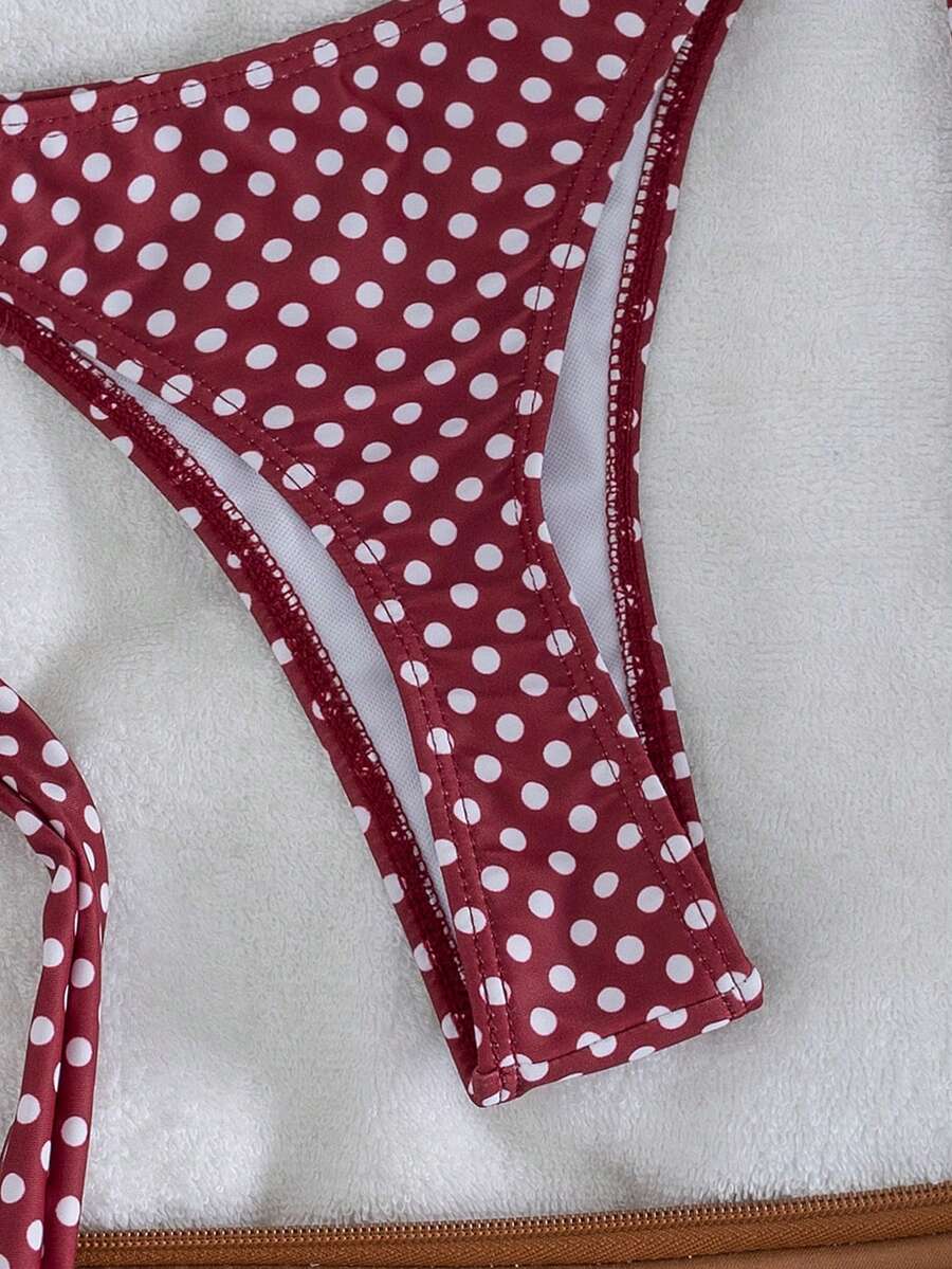 Red halter tie-side bikini set for women featuring a geometric plaid pattern, high-waisted bottoms, wireless triangle cups, and removable padding.