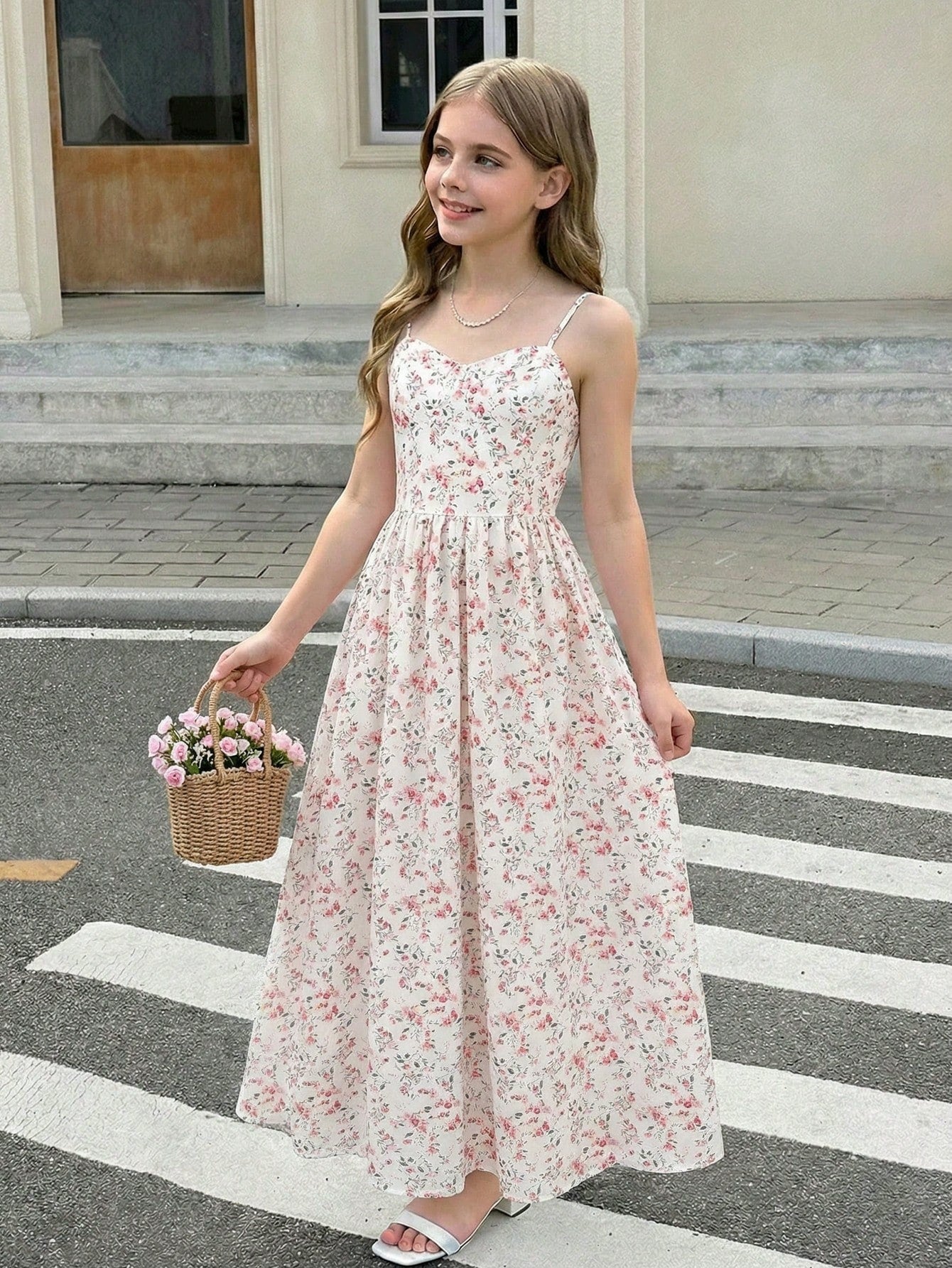 Tween girl pink ditsy floral camisole long dress with spaghetti straps, shirred ruched bust, high waist, and flared hem