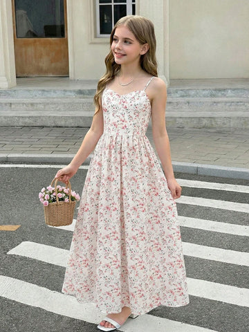 Tween girl pink ditsy floral camisole long dress with spaghetti straps, shirred ruched bust, high waist, and flared hem