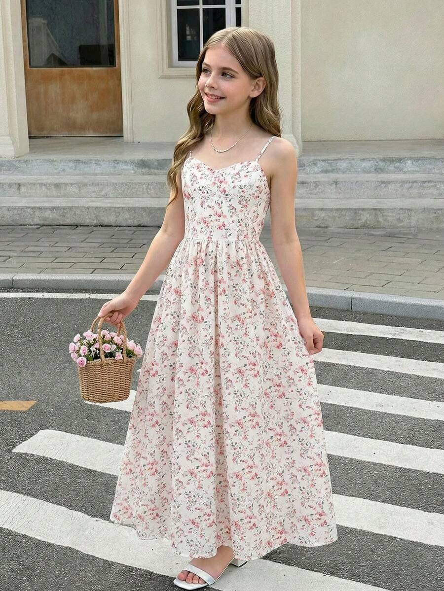 Tween girl pink ditsy floral camisole long dress with spaghetti straps, shirred ruched bust, high waist, and flared hem