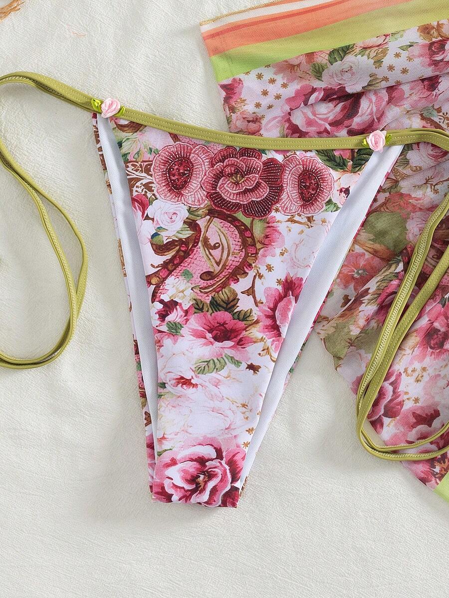 Women's 3-piece pink floral print bikini set featuring a wireless halter top with removable padding and matching tie-side swim bottoms.