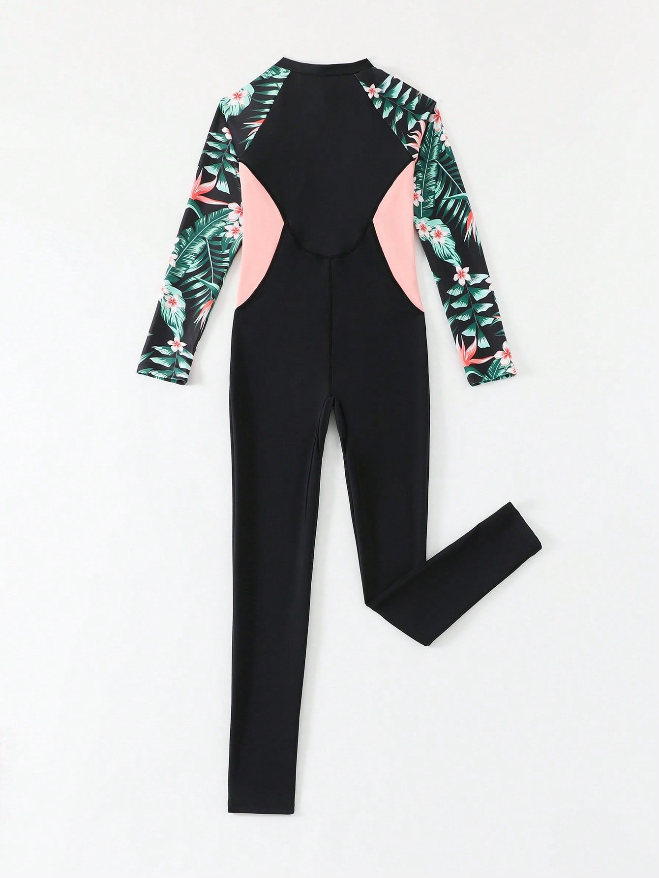 Tween girls black one-piece swimsuit with long sleeves, high neck, zipper detail, graphic leopard heart print, and fitted full-coverage swimwear style.