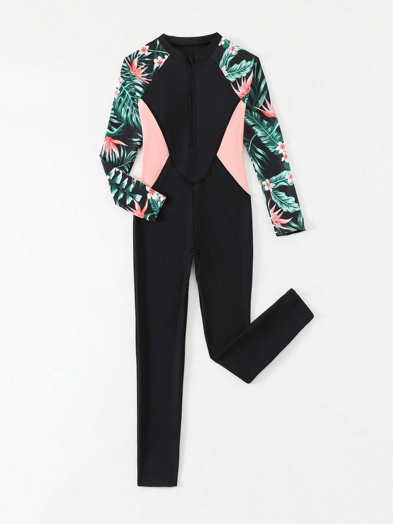 Tween girls black one-piece swimsuit with long sleeves, high neck, zipper detail, graphic leopard heart print, and fitted full-coverage swimwear style.