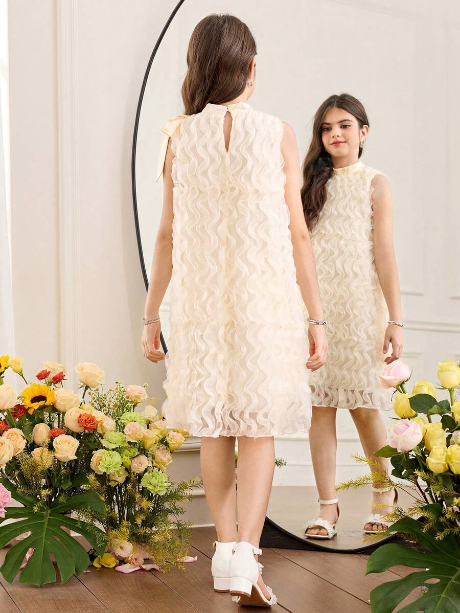 Apricot sleeveless embroidery mesh tunic princess dress for tween girls featuring appliques, stand collar, zipper closure, and short straight hem.