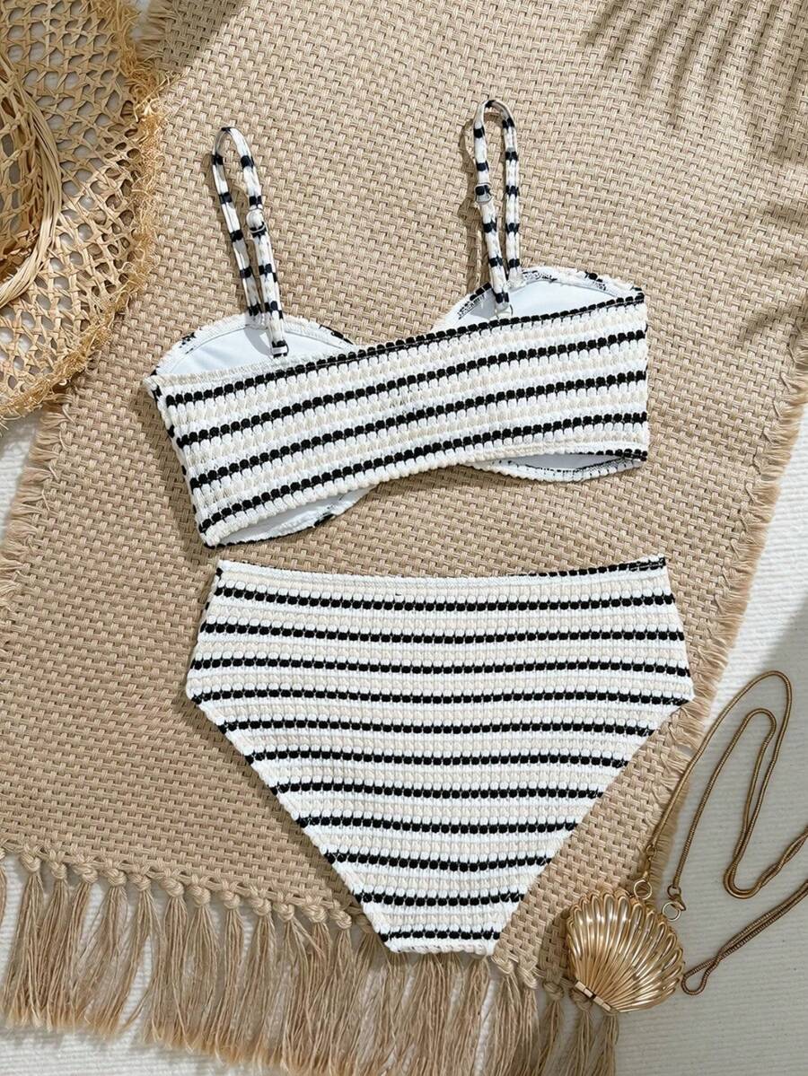 Tween girls pink and white striped two-piece bikini set with spaghetti strap bandeau top, starfish decor, and high waist swim bottoms for beach and vacation wear