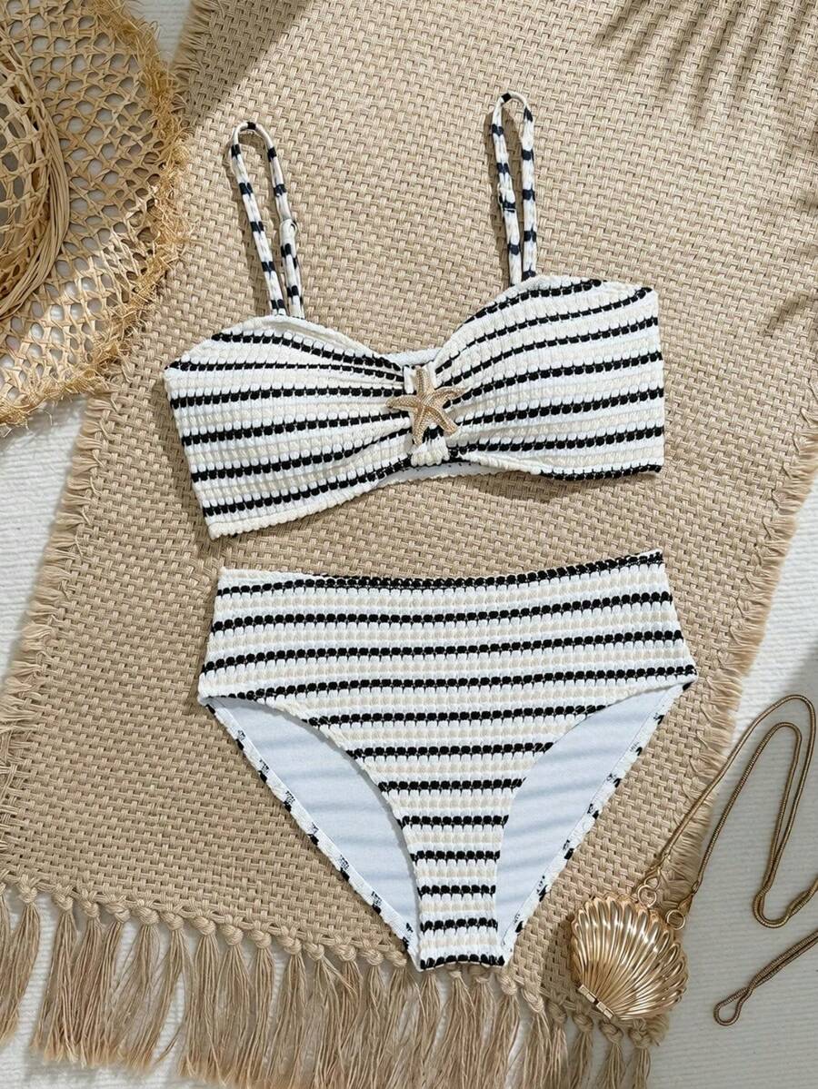 Tween girls pink and white striped two-piece bikini set with spaghetti strap bandeau top, starfish decor, and high waist swim bottoms for beach and vacation wear