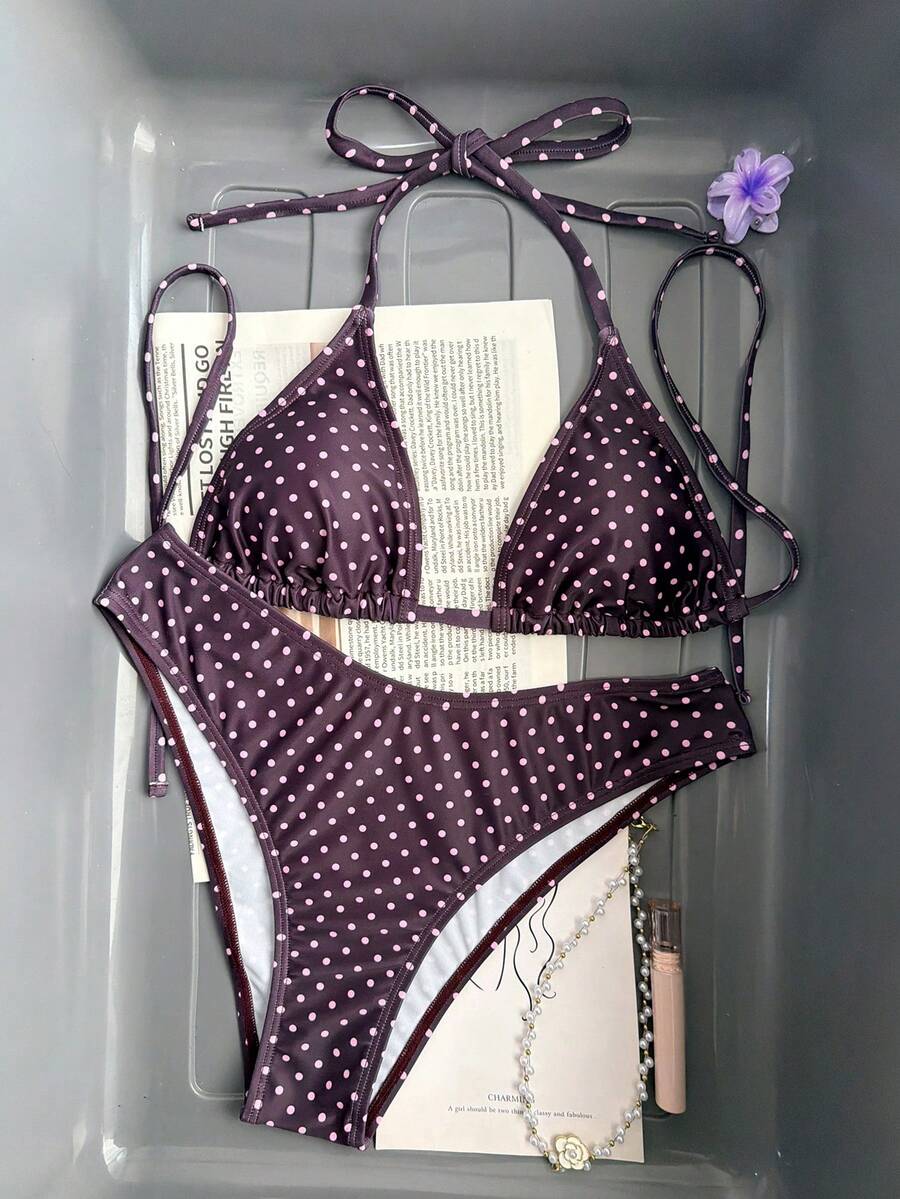 Women's apricot 2-piece halter bikini set featuring a wireless triangle top with tie-back detail and high-waisted high-cut bottoms.