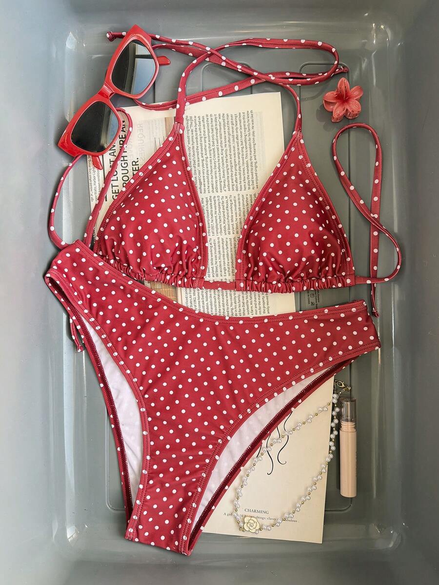 Women's apricot 2-piece halter bikini set featuring a wireless triangle top with tie-back detail and high-waisted high-cut bottoms.
