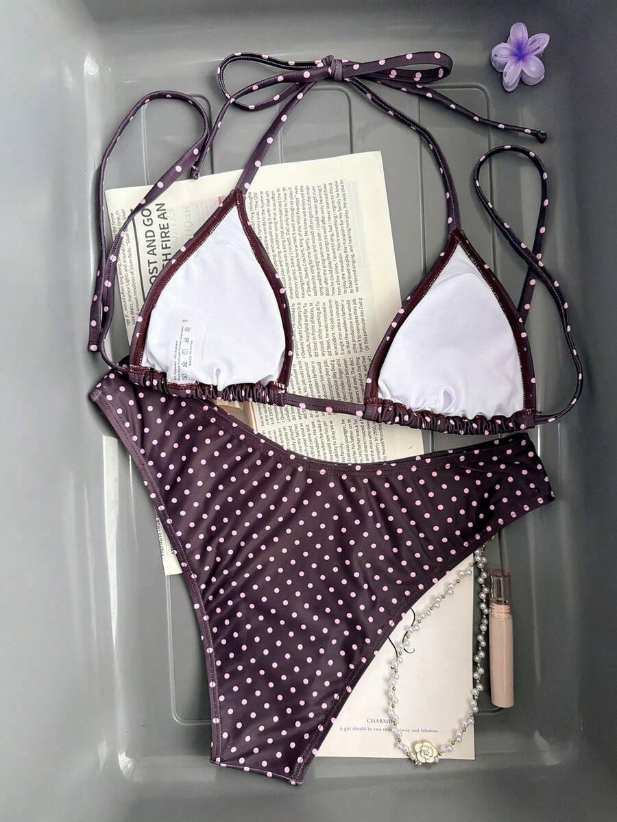 Women's apricot 2-piece halter bikini set featuring a wireless triangle top with tie-back detail and high-waisted high-cut bottoms.