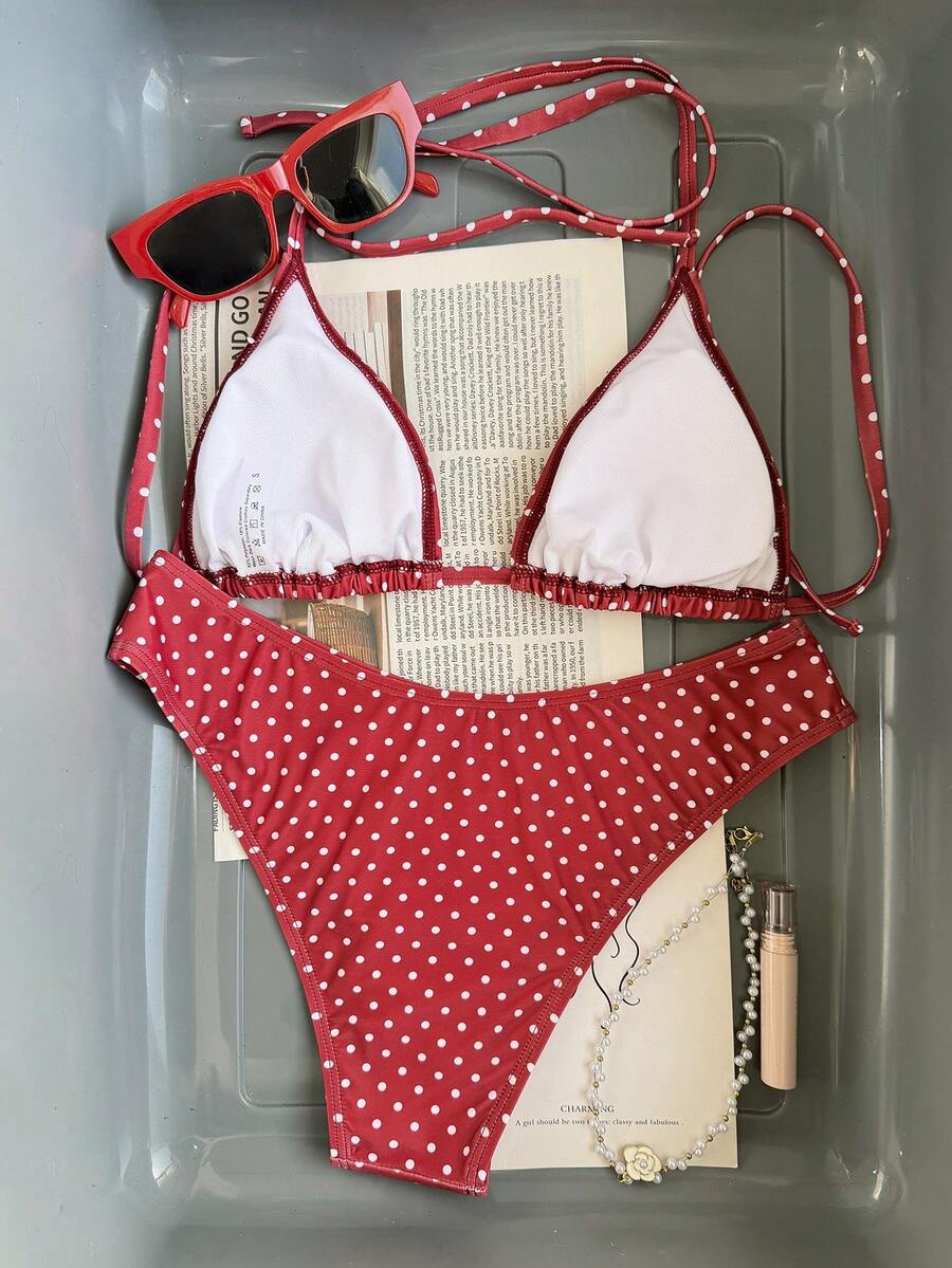 Women's apricot 2-piece halter bikini set featuring a wireless triangle top with tie-back detail and high-waisted high-cut bottoms.