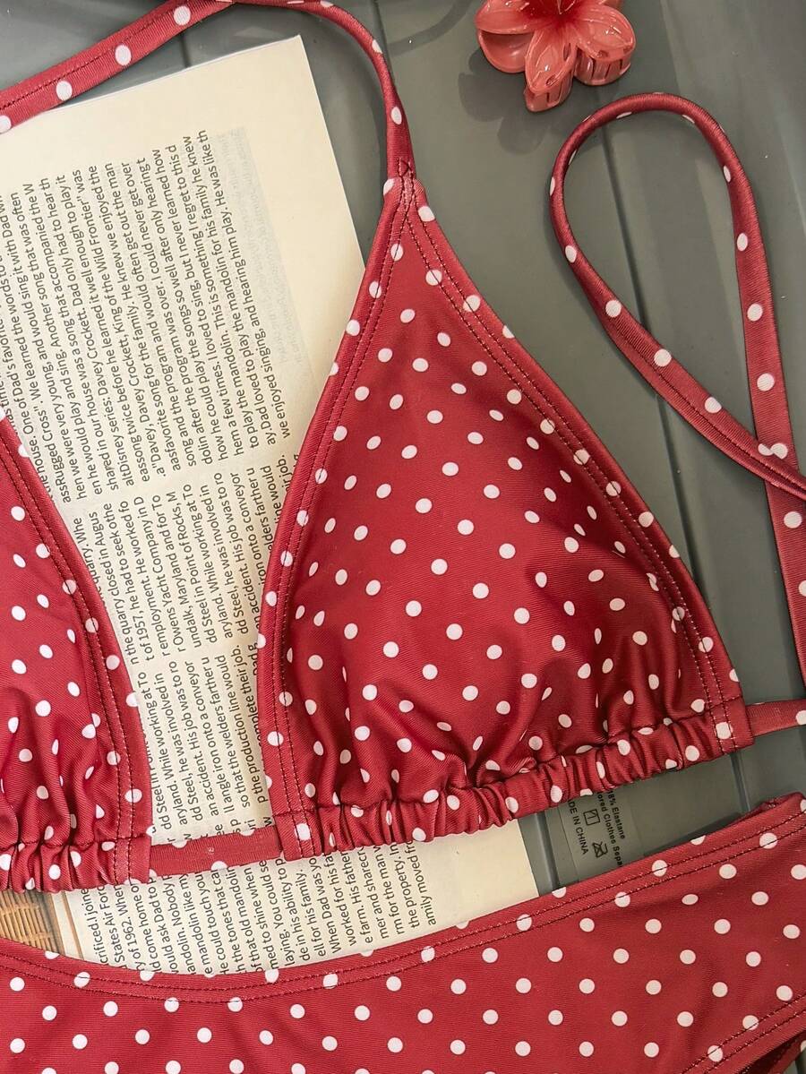 Women's apricot 2-piece halter bikini set featuring a wireless triangle top with tie-back detail and high-waisted high-cut bottoms.