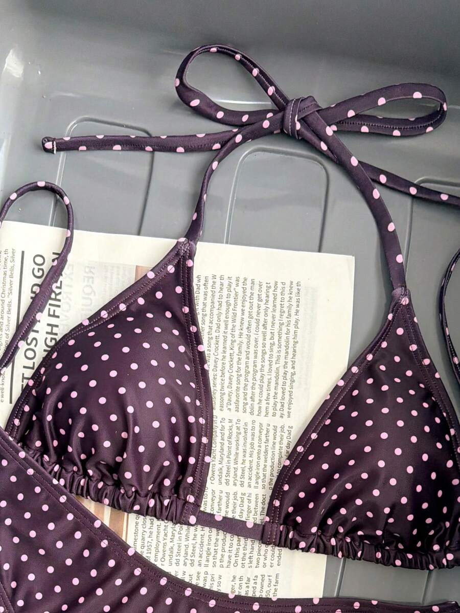 Women's apricot 2-piece halter bikini set featuring a wireless triangle top with tie-back detail and high-waisted high-cut bottoms.