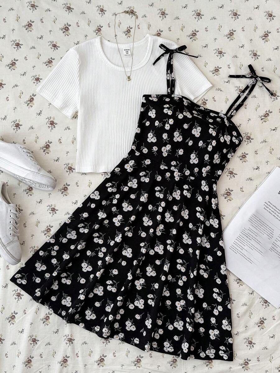 Tween girls' black and white ditsy floral plant print high waist flared camisole dress with a short sleeve t-shirt set.