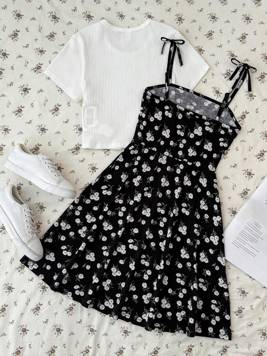 Tween girls' black and white ditsy floral plant print high waist flared camisole dress with a short sleeve t-shirt set.