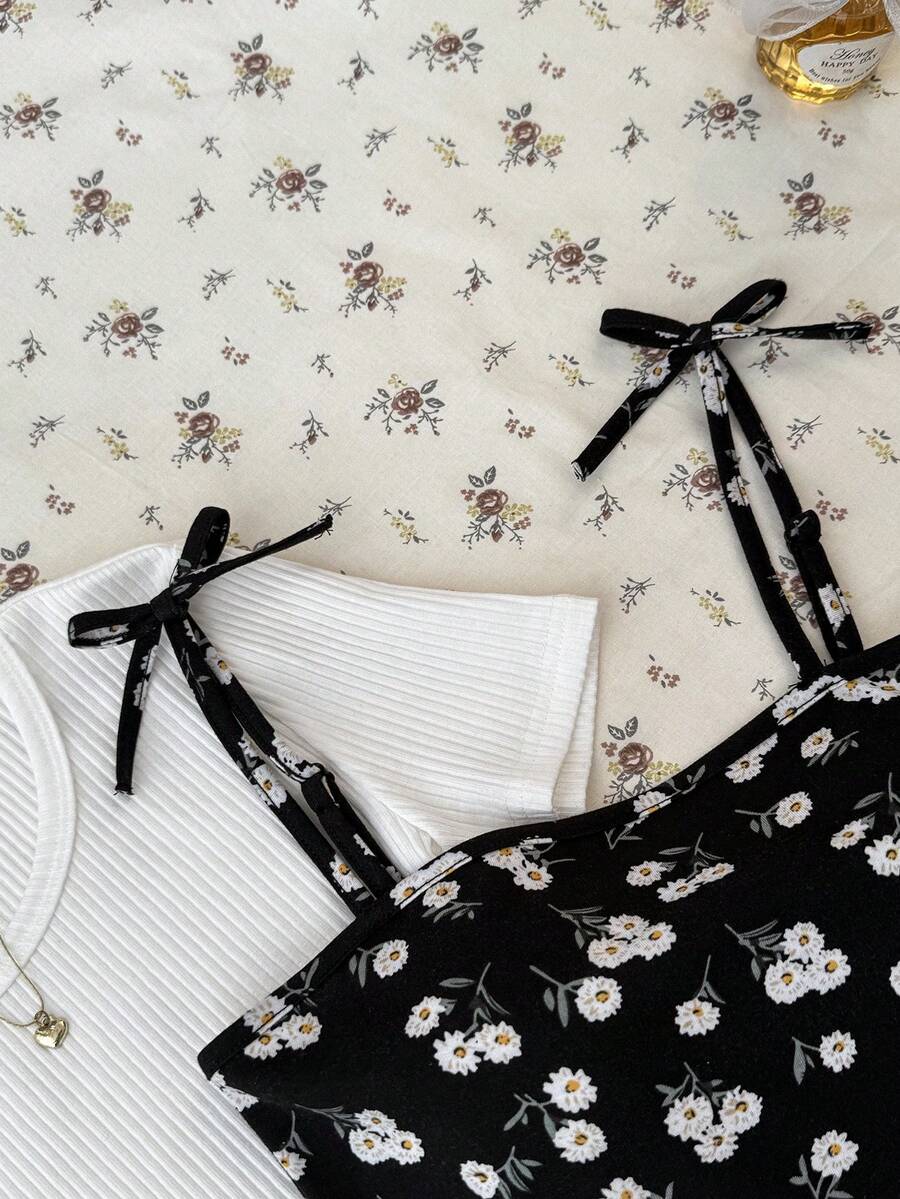 Tween girls' black and white ditsy floral plant print high waist flared camisole dress with a short sleeve t-shirt set.