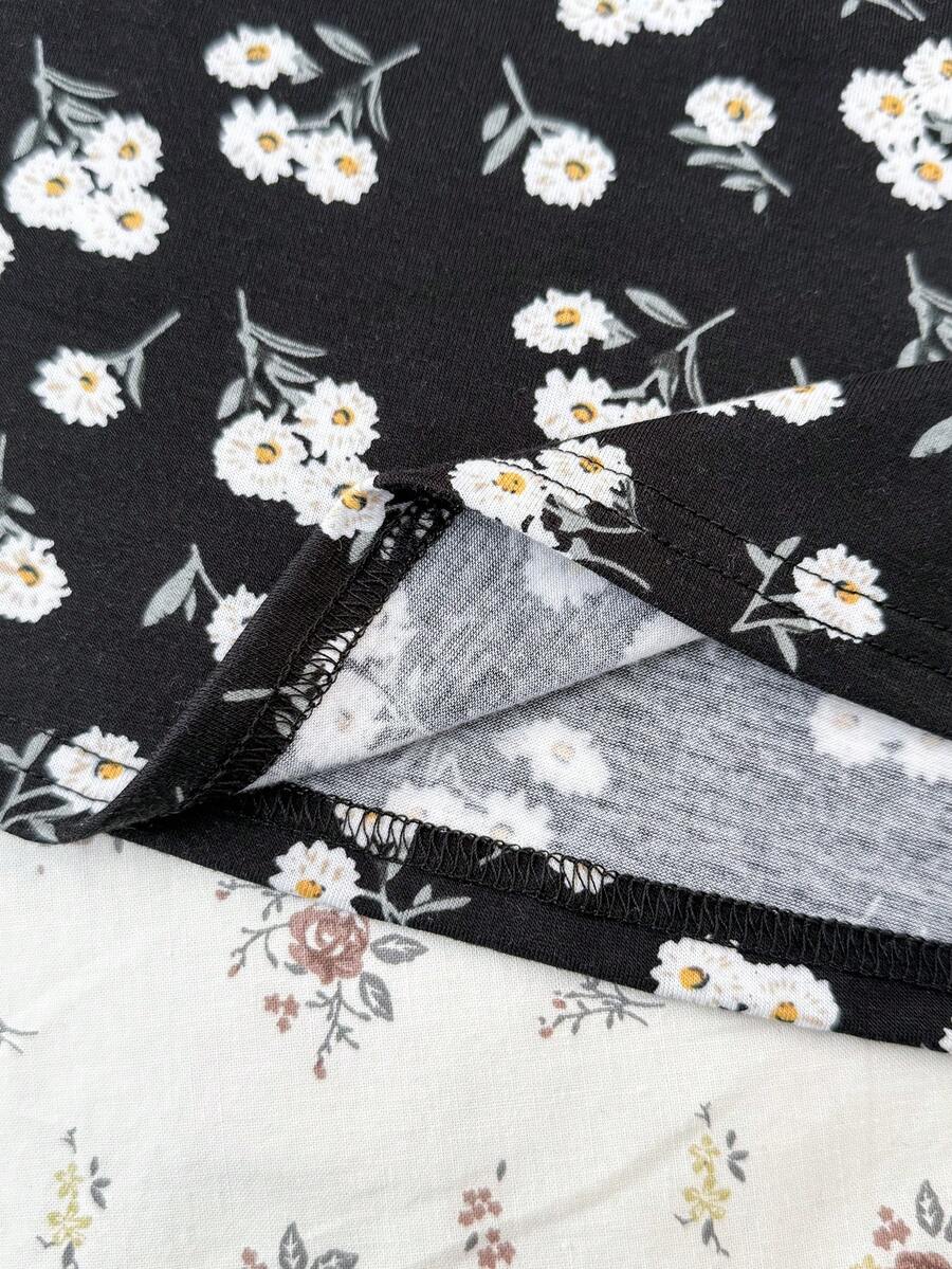 Tween girls' black and white ditsy floral plant print high waist flared camisole dress with a short sleeve t-shirt set.
