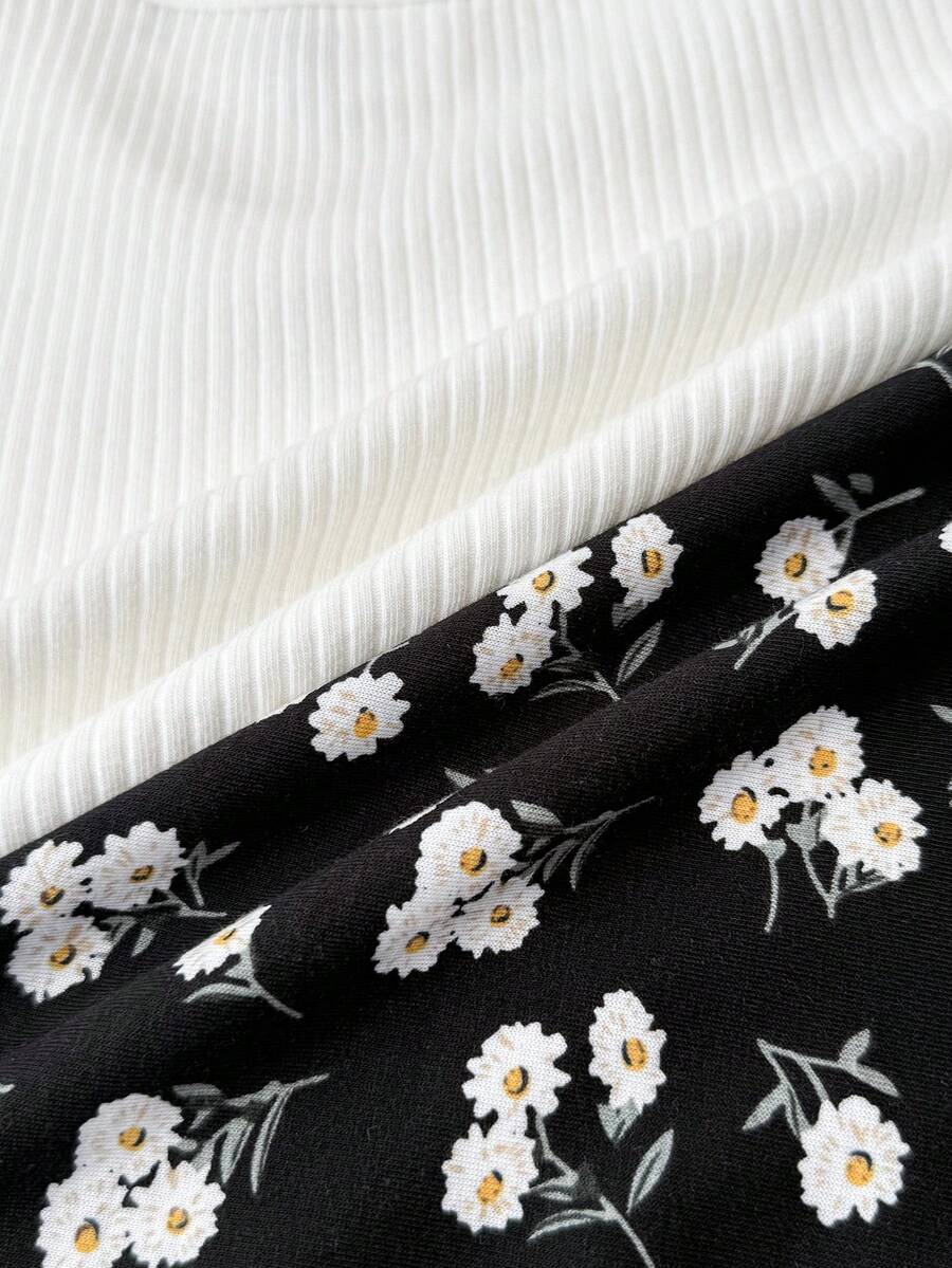 Tween girls' black and white ditsy floral plant print high waist flared camisole dress with a short sleeve t-shirt set.