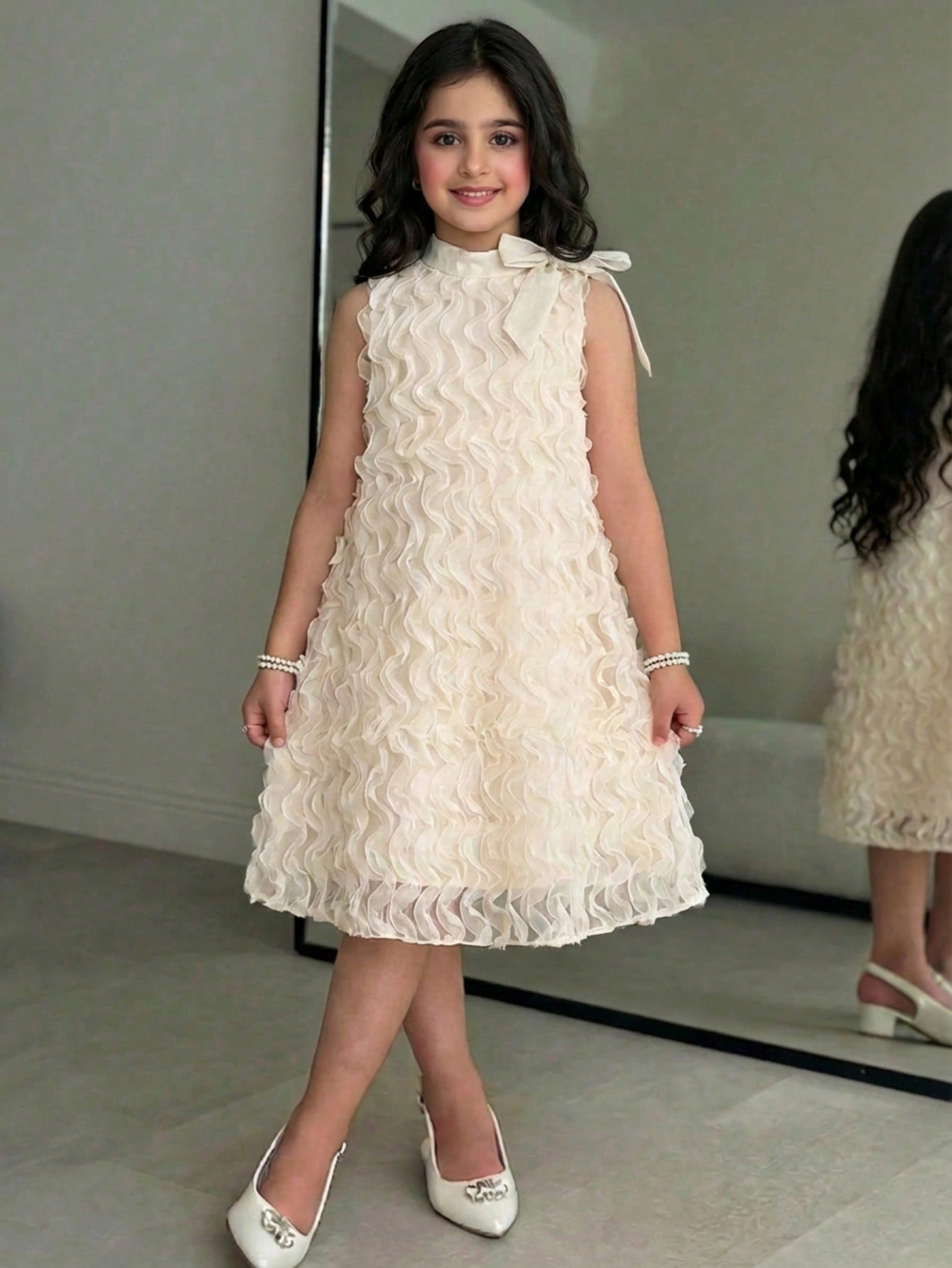 Apricot sleeveless embroidery mesh tunic princess dress for tween girls featuring appliques, stand collar, zipper closure, and short straight hem.