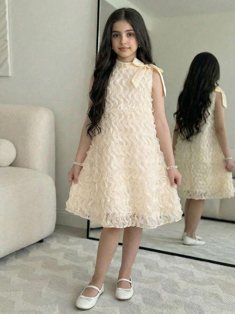 Apricot sleeveless embroidery mesh tunic princess dress for tween girls featuring appliques, stand collar, zipper closure, and short straight hem.