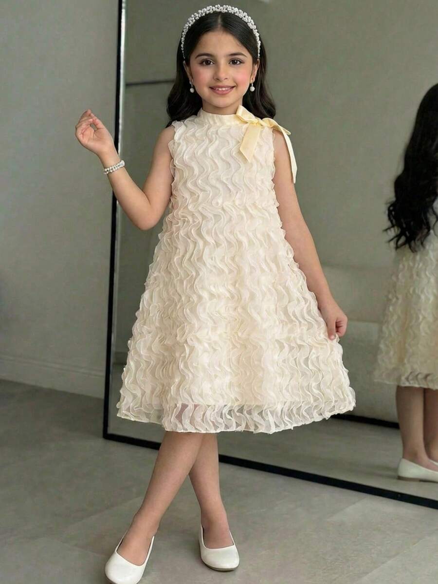 Apricot sleeveless embroidery mesh tunic princess dress for tween girls featuring appliques, stand collar, zipper closure, and short straight hem.
